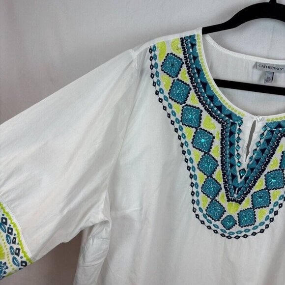 Catherine's Women's White Blue Embroidered Beaded‎ Boho Peasant Blouse Size 2X - Picture 3 of 11